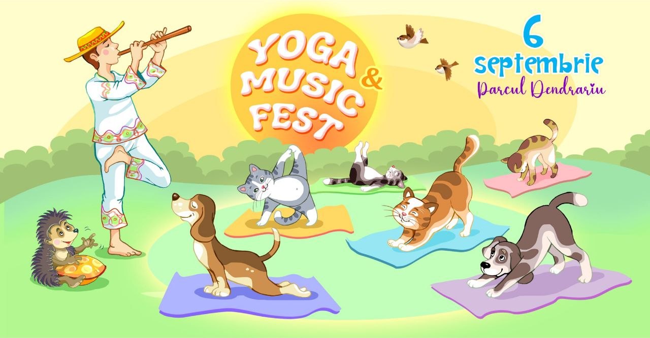 Afișul Yoga & Music Fest: un flautist și animale în poziții de yoga pe pajiște, 6 septembrie, Parcul Dendrariu